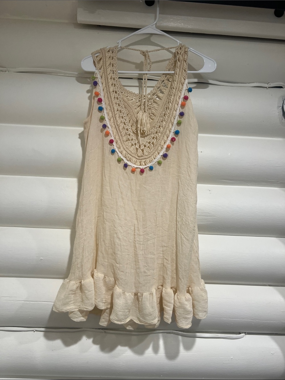 Boho Cream Crochet Pom-Pom Swim Coverup
